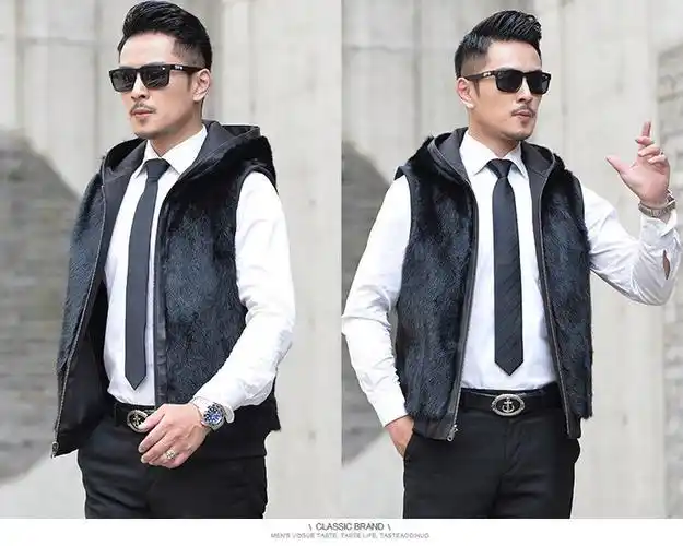 轻奢高端品质整貂皮马甲男水貂毛真貂皮草背心中老年坎肩连帽马夹保暖