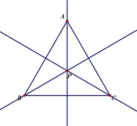 形,说明p点到顶点的距离相等,则p点一定在正三角形abc三边的中垂线上
