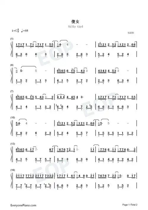 傻女-c调简单版-陈慧娴双手简谱预览1