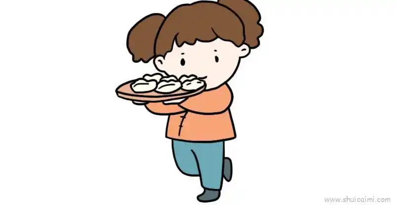 2,然后画出小女孩的上半身和端着的一盘饺子;3,接着画出小女孩正在