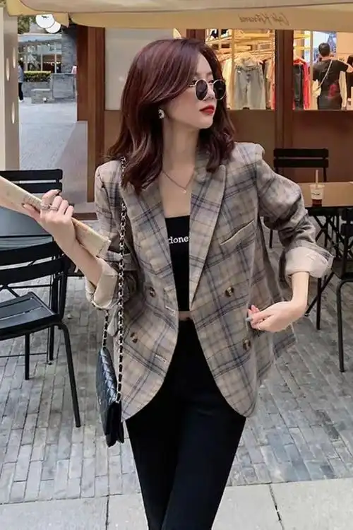 格子西装外套女春季韩版宽松复古英伦风设计感小众休闲网红西服春