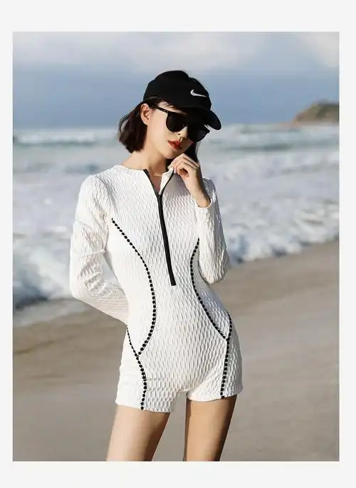 wnhc连体平角泳衣女夏长袖保守2022新款显瘦温泉游泳馆专用泳装女白色