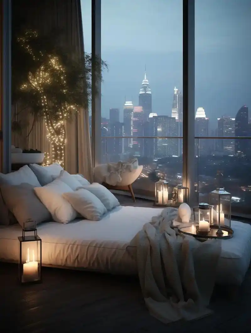 室内设计简约时尚,落地窗前展现城市夜景的壮丽景象.