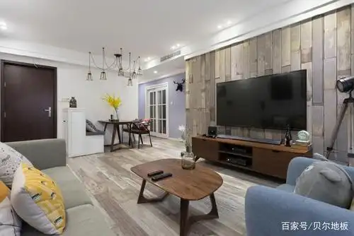 电视墙的设计比较独特,木地板上墙,瞬间让这个小小空间初现北欧风的