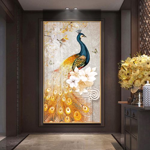 入户玄关装饰画现代简约美式轻奢挂画客厅2020新款过道孔雀壁画