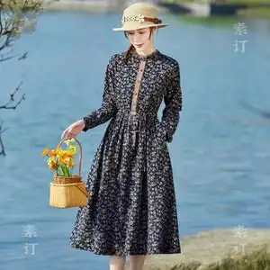 素订棉麻旗舰店女装品牌春夏新款纯棉优雅碎花抽绳显瘦a字连衣裙