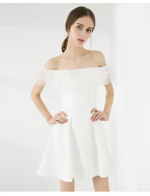 2018夏装新款欧美女装白色小礼服裙网纱拼接一字领露肩连衣裙