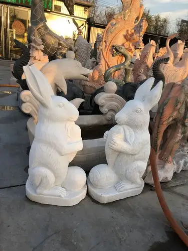 曲阳石雕十二生肖园林装饰工艺品 石雕汉白玉兔子动物摆件定制