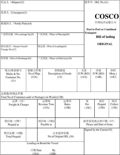 海运提单空白样表