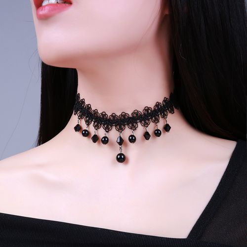 荷蓝珠项圈颈链锁骨链女夏颈带脖子蕾丝配饰品短款年新款项 黑色b