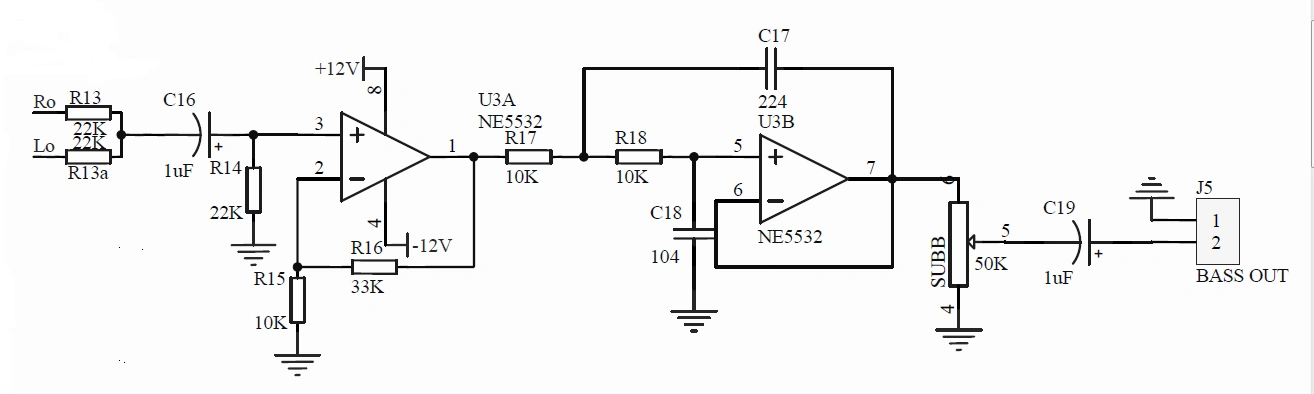【低音炮电路】求大神分析下侠这个低音炮电路中的两个运放的作用?