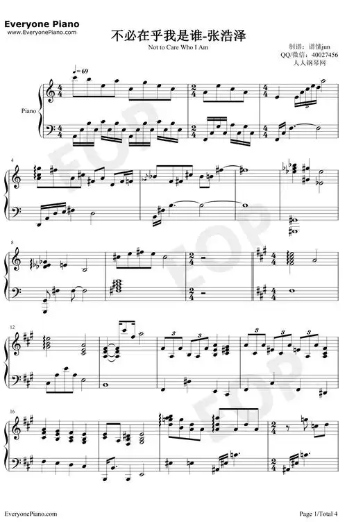 不必在乎我是谁钢琴谱_张浩泽_梦想的声音第二季