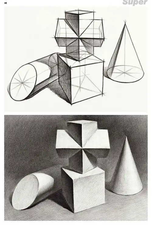 田旭李家友素描静物临摹范画几何形体从几何形组合体素描石膏优佳教育