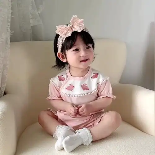 婴儿衣服短袖女宝宝甜美小兔爬爬新生儿衣服夏季外出婴儿连体衣