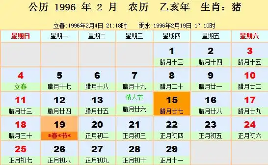 1996年日历表_1996年农历阳历表_八字分析_拓易生活网