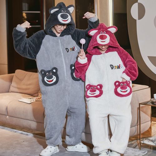 恐龙情侣连体睡衣秋冬季加绒加厚珊瑚瑚绒冬天睡衣
