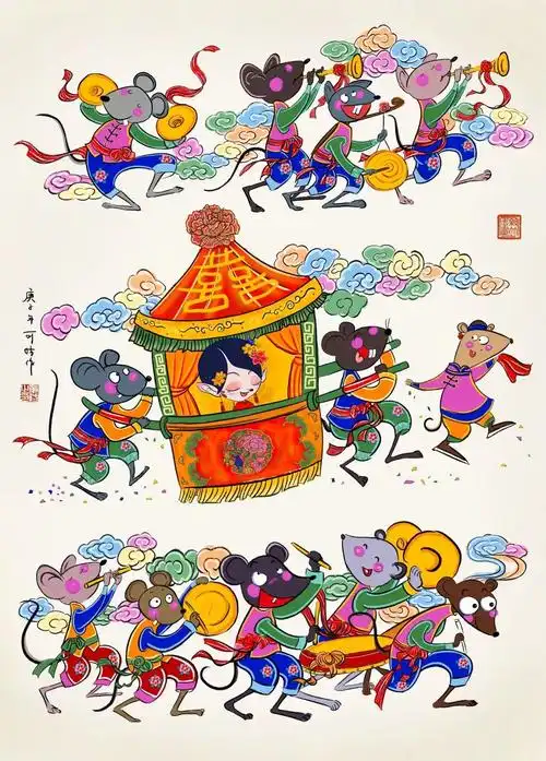 绵竹木版年画新创作《老鼠嫁女》(作者:章昉)在闽南,正月十五为填仓节