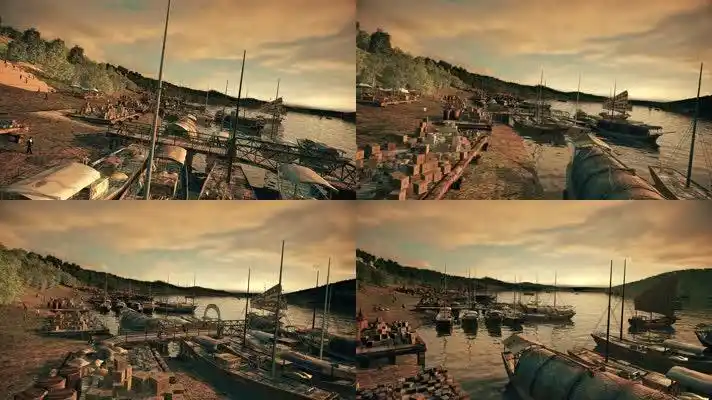 古代三维动画渡口漕运行船码头素材通道合成