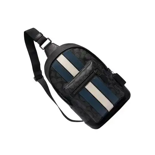 美国直邮coach蔻驰west蓝色logo条纹男士胸包2999