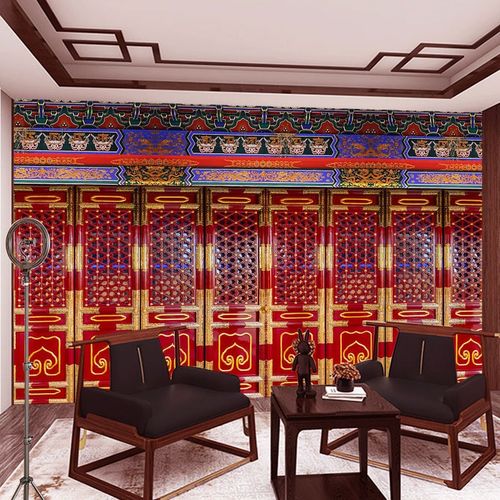 中式仿古屏风墙纸古代故宫门直播背景墙装饰古典宫廷风火锅店壁纸