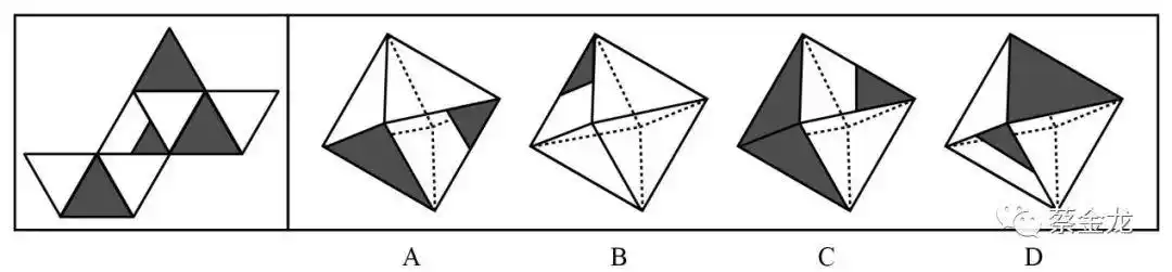 2.左边给定的是纸盒外表面的展开图,右边哪一项能由它折叠而成?