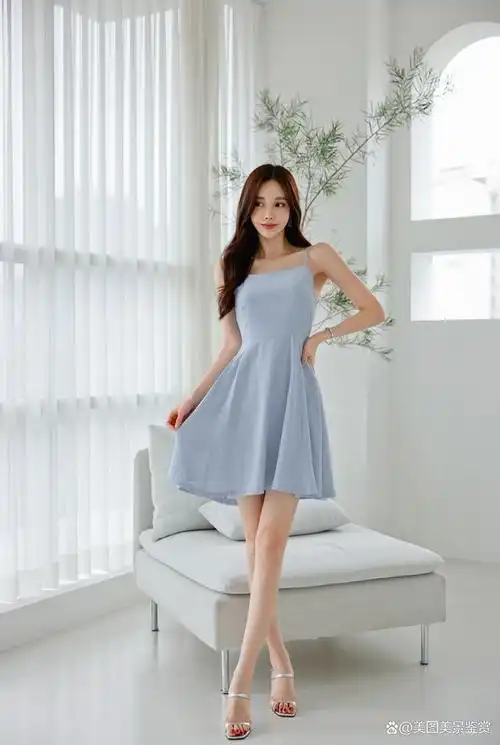 韩国女神孙允珠8月时尚穿搭天蓝色夏日高腰性感吊带裙