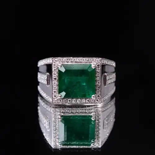 18k金镶天然祖母绿男戒