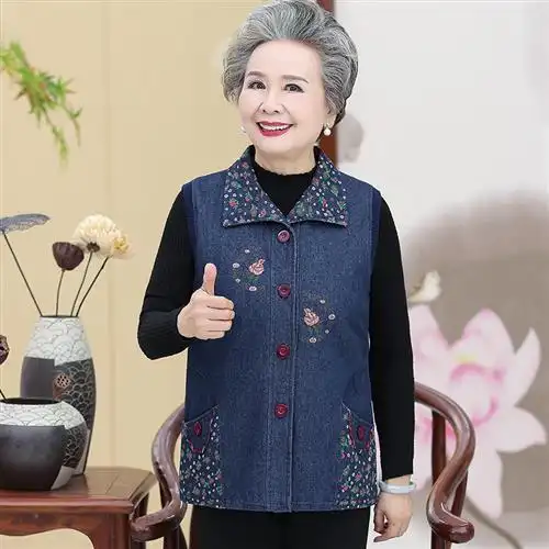 中老年女装春秋牛仔马夹60妈妈背心70老人衣服老太太坎肩奶奶外
