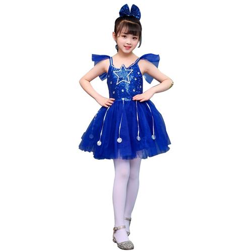 新款无袖儿童演出服装星星舞蹈服女童公主裙蓝色蓬蓬裙表演服纱裙