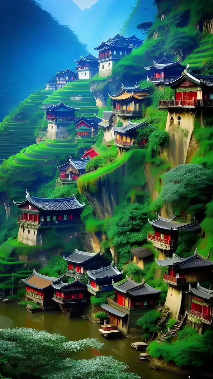 苗寨千年翠墙住,山色江声共守朝.竹楼松院藏人乐,金田银水画风 - 抖音