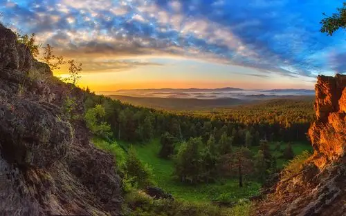 森林,日落,岩石,云彩,阳光