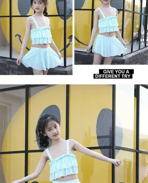 吊带中大童女童分体泳衣套装 新款学生可爱荷叶边温泉儿童泳衣女