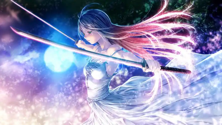 挥着武士刀的女孩精美卡通动漫壁纸