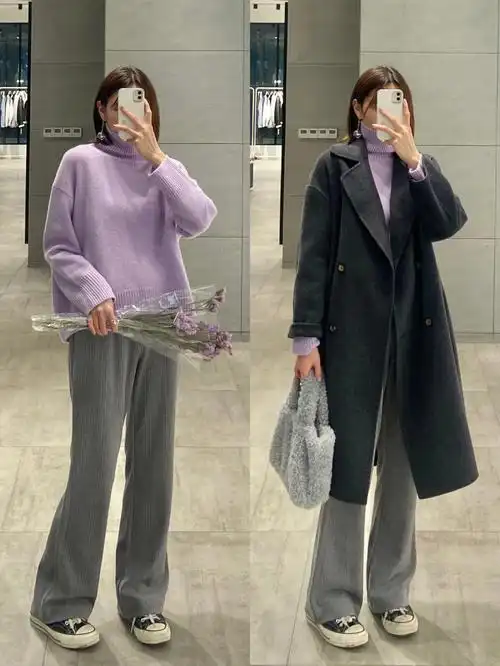 ootd秋冬紫灰色温柔气质穿搭大衣搭配