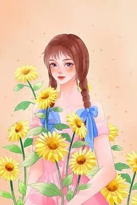 卡通唯美手绘人物插画少女与向日葵原创插画海报