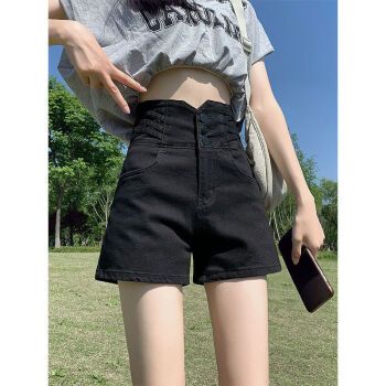 skgoldy黑色牛仔超短裤女夏季薄款年新款高腰显瘦阔腿设计感字热裤