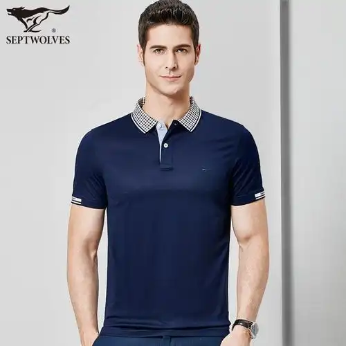 七匹狼短袖t恤 夏季男士小翻领纯色简约短t 男装 6028608 101(藏青)