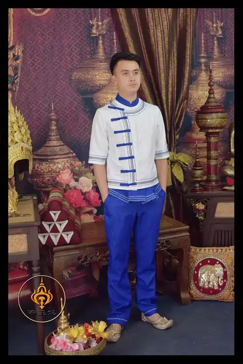 傣王妃服饰傣族复古传统男装中袖修身蓝色绣花民族服装