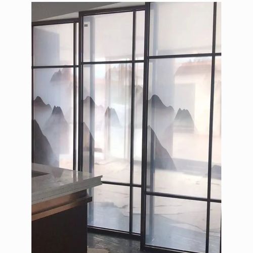 网红新中式轻奢客厅简约艺术山水画夹丝夹绢玻璃玄关长虹屏风定制