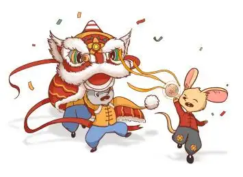 卡通新年舞狮绣球热闹喜庆气氛插画 白色背景