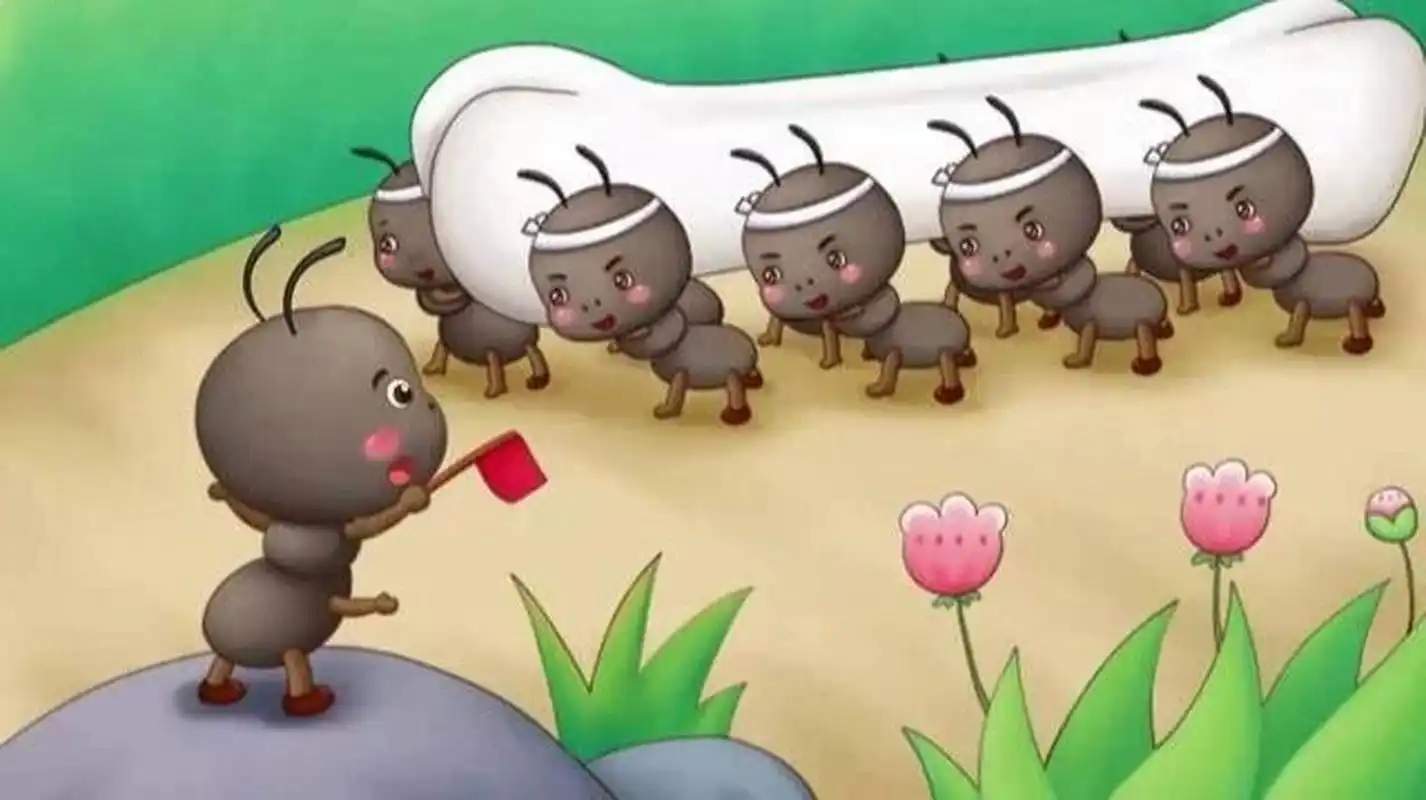 看图写话 小蚂蚁搬骨头 有一天早上,天空万里无云,春风拂面,路上长满