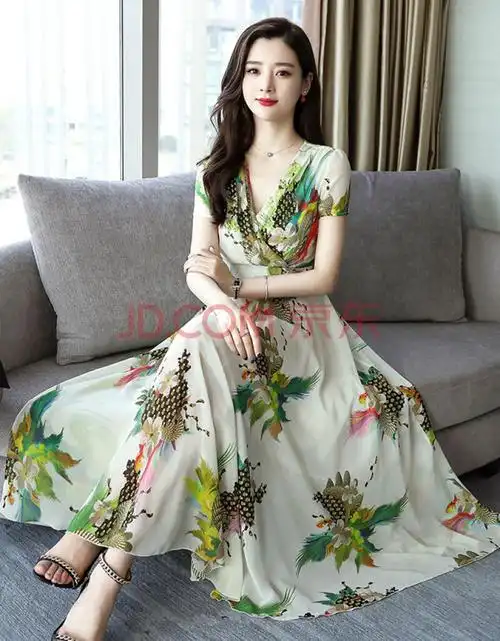 奢依君 雪纺连衣裙女中长款2020夏季新款印花气质淑女大摆收腰显瘦