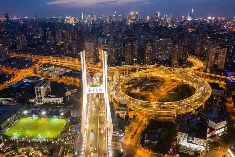 航拍上海浦西南浦大桥及立交桥