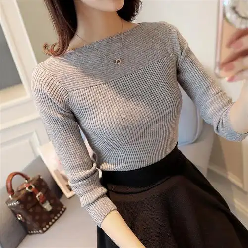 穿dress 女士服饰 毛衣女秋装新款打底衫长袖一字领短款上衣修身针织