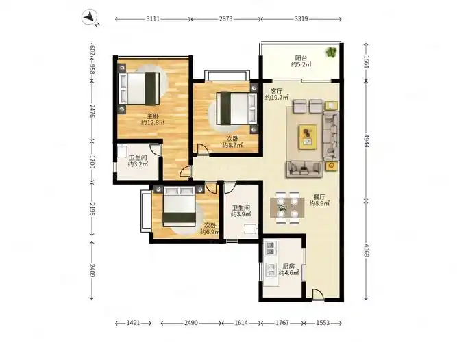 里城玺樾山3室2厅2卫91㎡南北485万