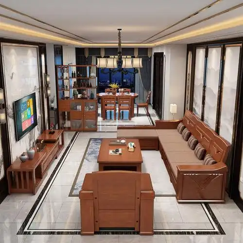 新中式实木沙发组合客厅套装 - 秋红设计效果图 - 每平每屋·设计家