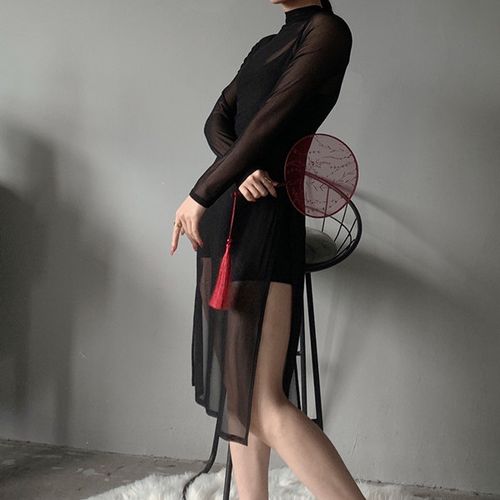 旗袍网纱性感爵士舞蹈短款修身显瘦高腰开叉里民族服装