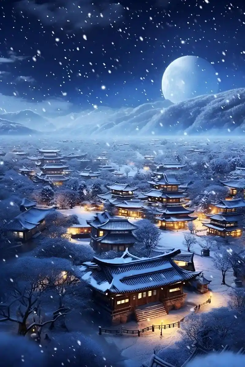 古风建筑,雪景.浪漫的雪景,精致美丽的雪花凝聚成月牙形,带着 - 抖音