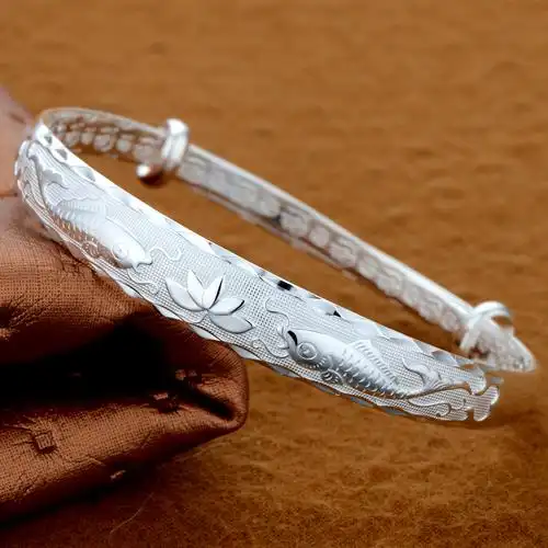 足银手镯20克双鱼戏莲银镯子女款银饰饰品2002280送女朋友七夕情人节