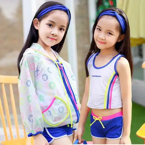 2017新款儿童泳衣 三件套女孩分体平角裤带防晒衣游泳衣 小中大童防晒